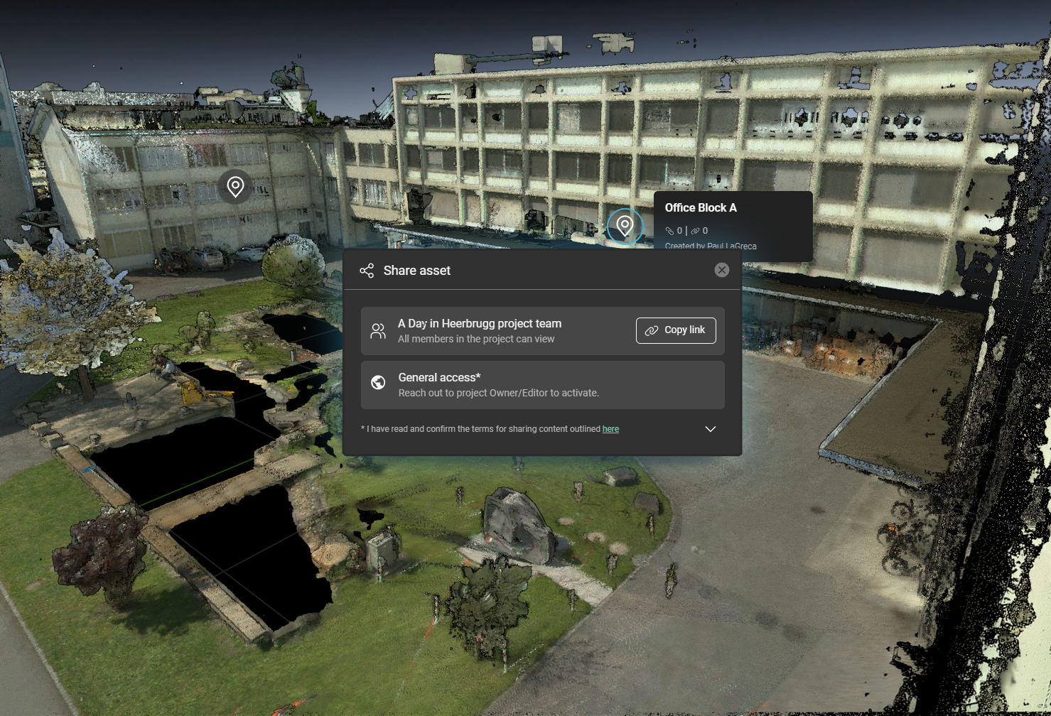 Dataset in Hexagon GeoCloud with geotags and a sharing modal for asset/deliverable team workflows