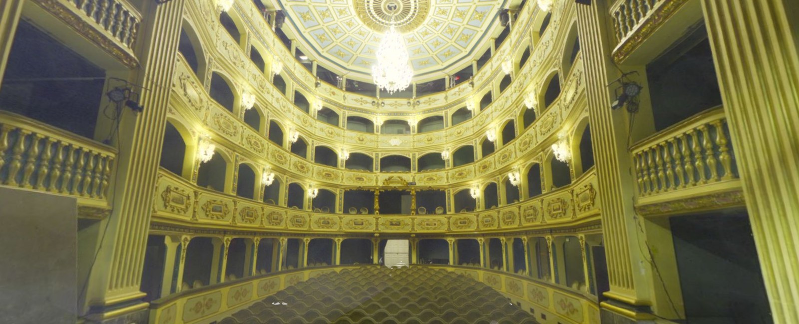 Point cloud looking up at the painted dome ceiling and chandelier of a historic theatre