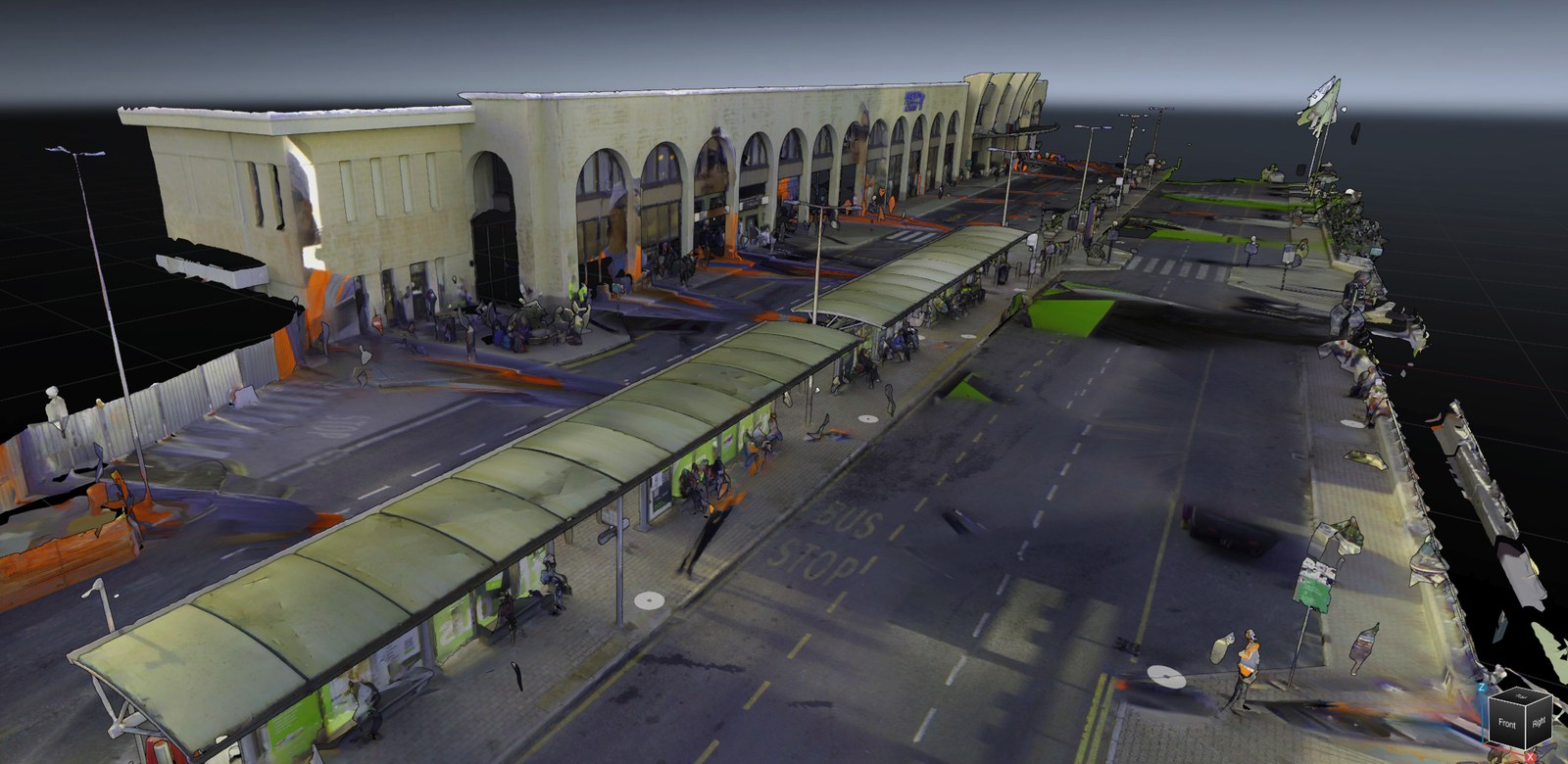 Colourised point cloud of a transit interchange with platform canopies, viewed in Hexagon GeoCloud